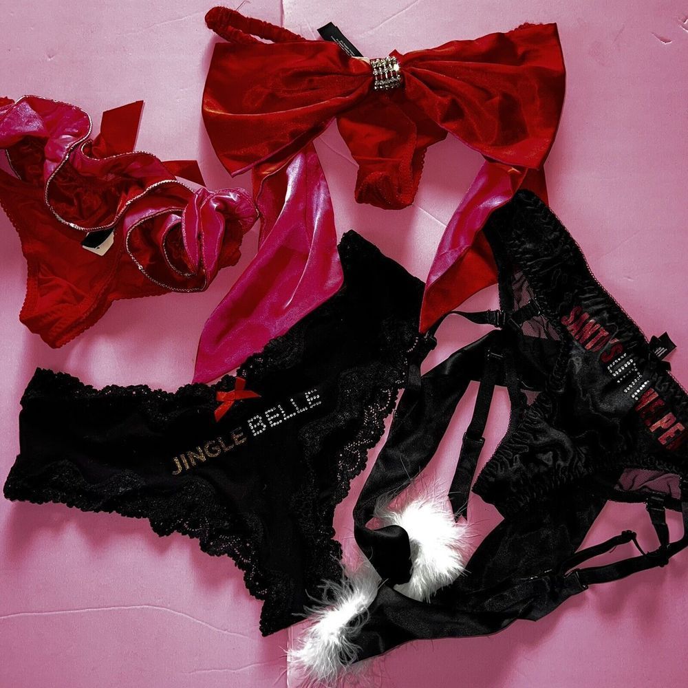 VICTORIA'S SECRET S PANTY LOT garter BOW thong RED BLACK jingle bell CHRISTMAS